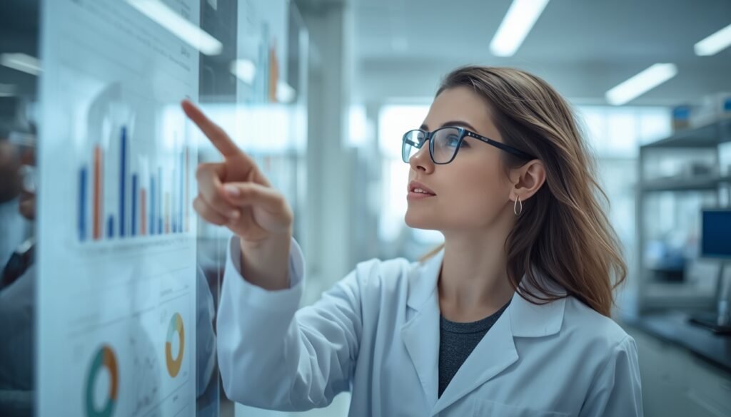 Researcher pointing at attention and focus research chart in laboratory productivity science