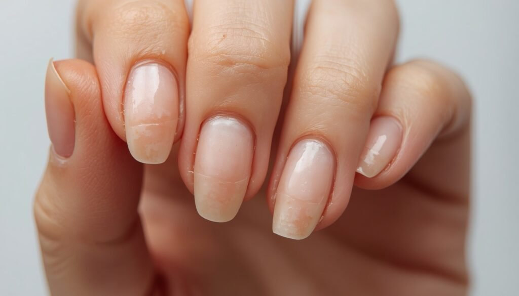 close-up of pale brittle ridged nails iron deficiency sign, hidden body symptom