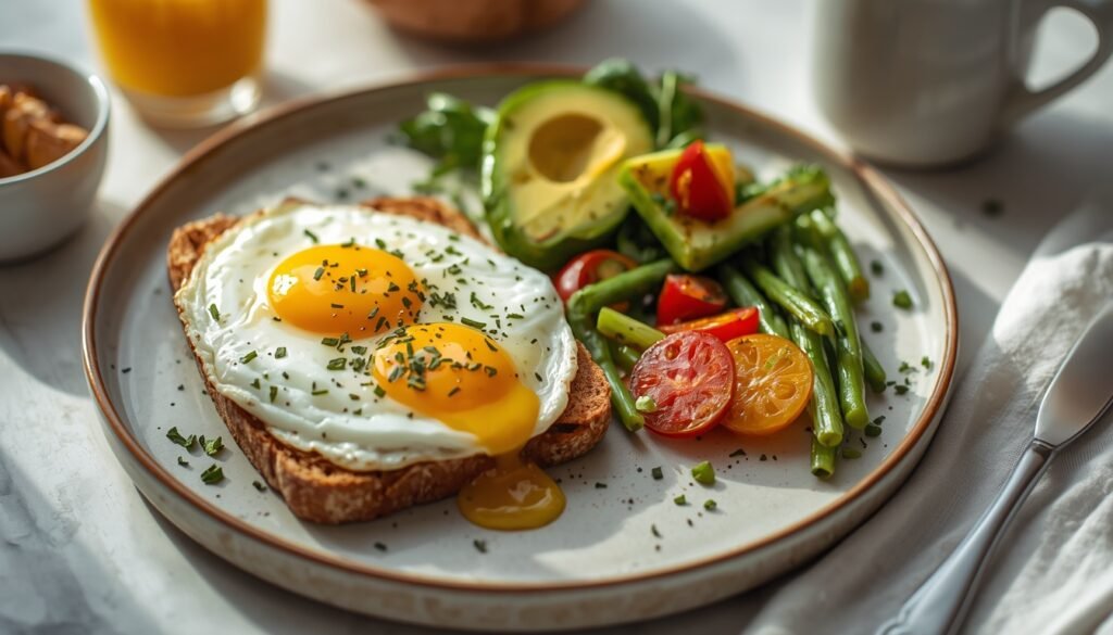 balanced blood sugar breakfast with eggs, avocado, wholegrainsn and vegetables for steady glucose levels