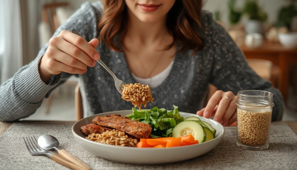 person eating balanced meal with protein vegetables and whole grains
why people lose energy after eating