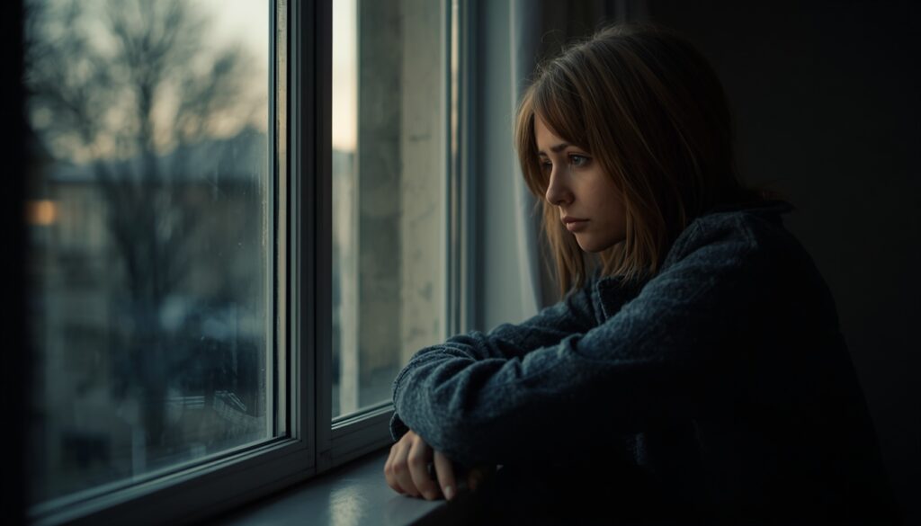 person sitting alone by window looking outside, representing stress anxiety and depression silent struggle