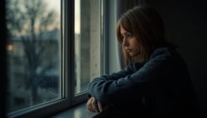 person sitting alone by window looking outside, representing stress anxiety and depression silent struggle