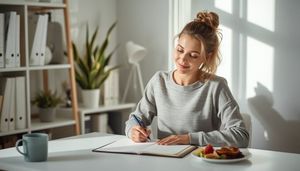 person writing 30-day calm mind and deep sleep plan in journal
