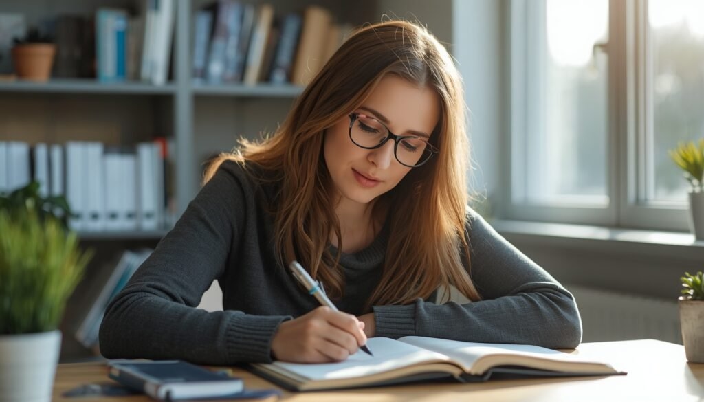 person reviewing morning energy and sleep quality checklist in a journal.