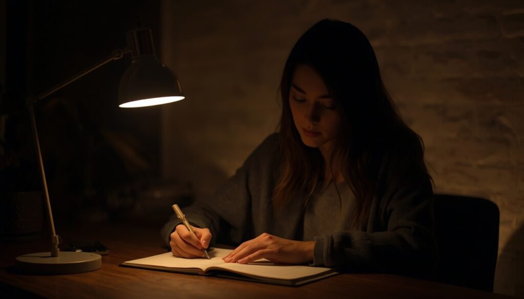 person writing evening journal by warm lamp cognitive closure for calm mind and deep sleep