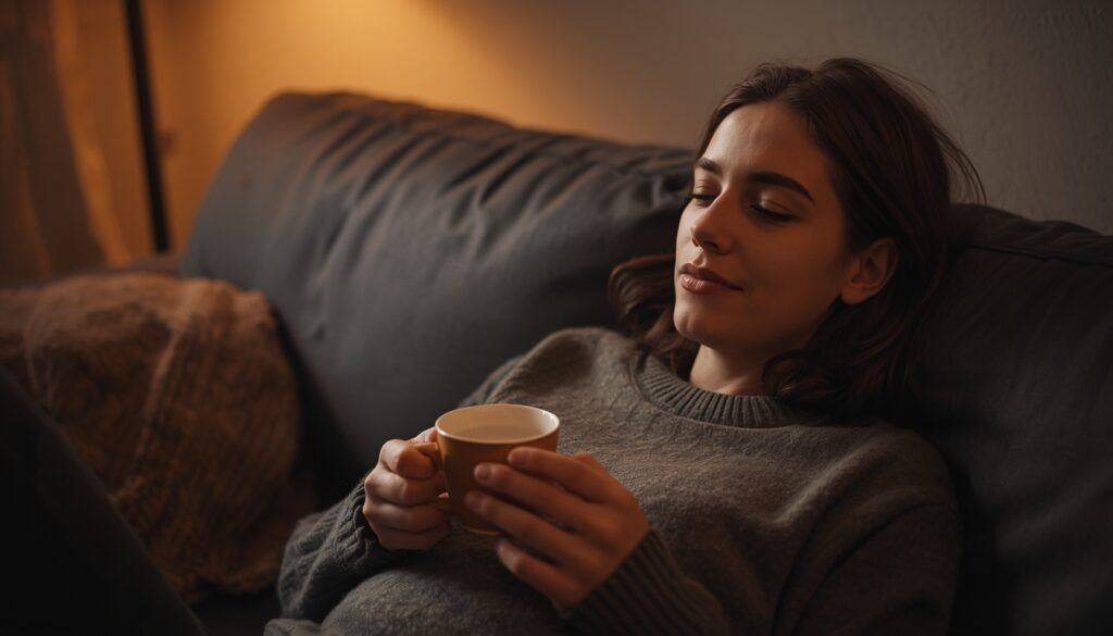 person doing calm evening wind-down routine with tea and dim lighting