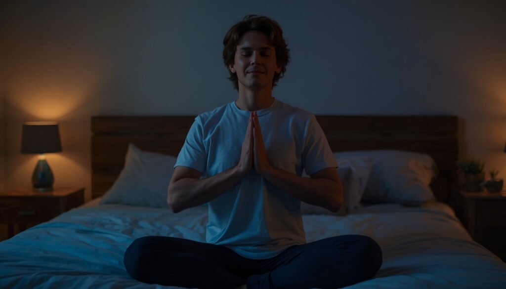 person doing slow breathing practice in dim room vagus nerve activation for calm sleep