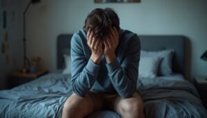 tired person sitting on edge of bed in morning after 8 hours' sleep unexplained fatigue poor sleep quality