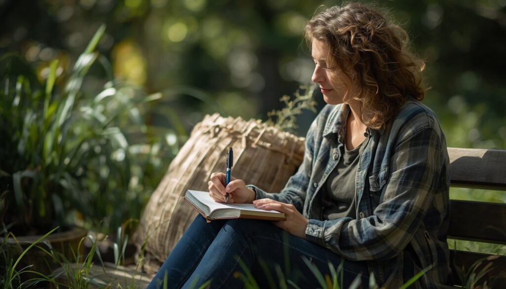 person journaling outdoors as healthy coping strategy for stress anxiety and depression