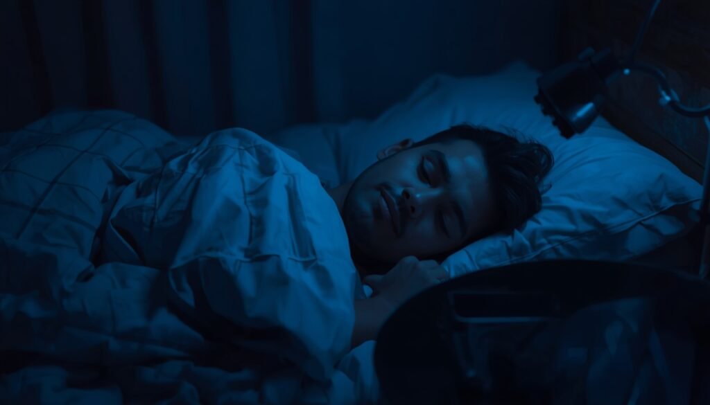 person sleeping in optimal conditions cool dark room no phone for deep restorative sleep