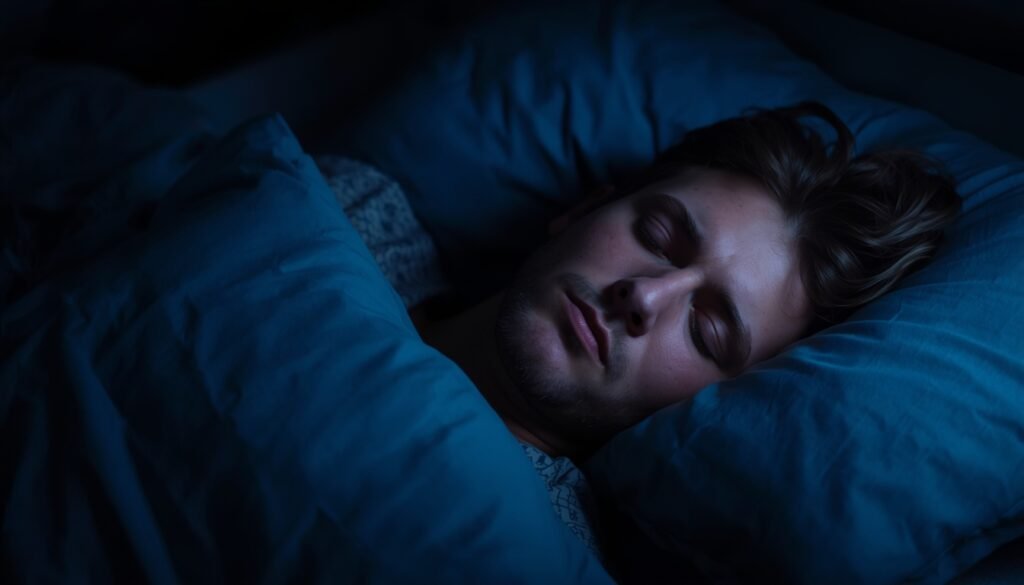 person sleeping peacefully, representing healthy sleep cycles and restoration