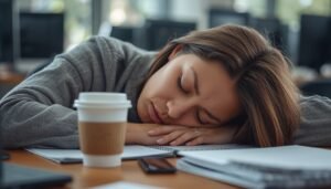person experiencing post-meal energy crash at desk representing postprandial fatigue after eating