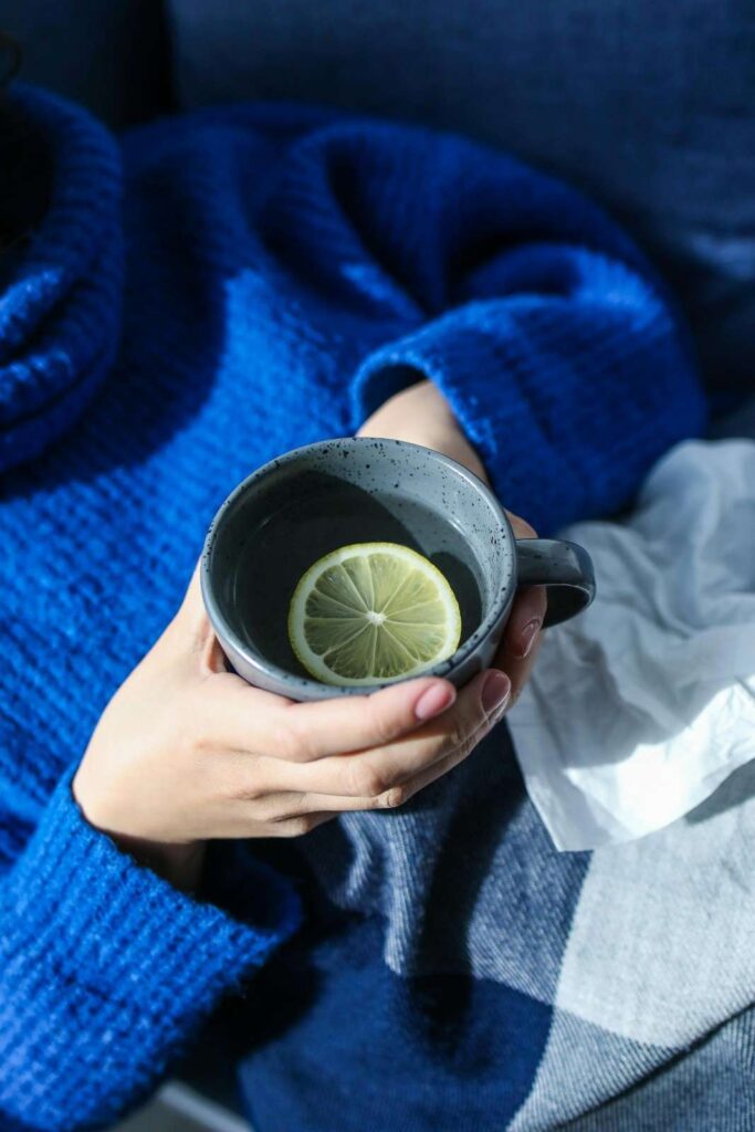 "Collage showing winter hat and scarf, water bottle, and person resting at home."