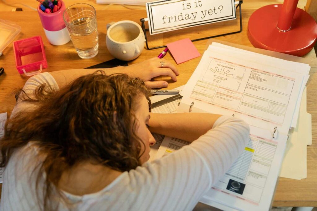"Visual showing organized workspace, nature view, and positive social connection." 
