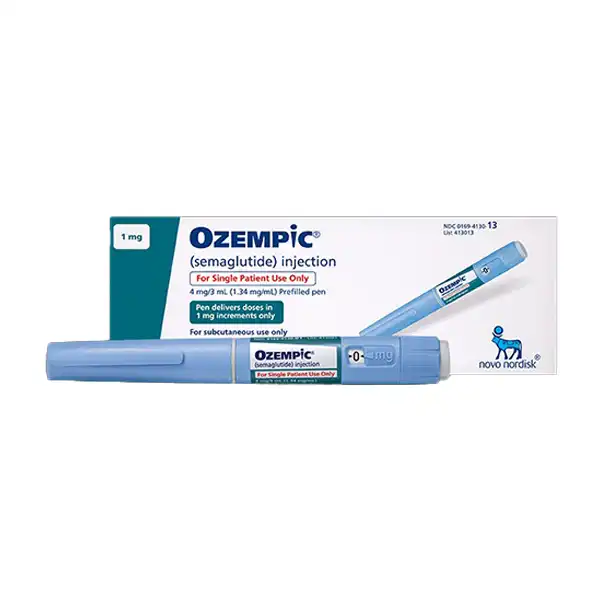  GLP-1 medication injector pens, including Ozempic and Wegovy arranged on medical background