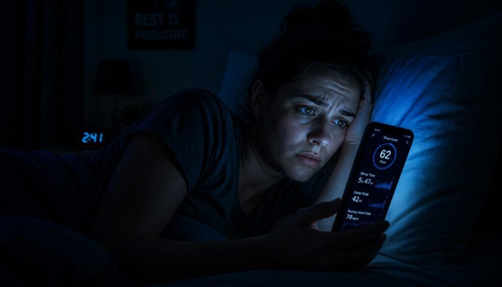 person lying in dark bedroom holding smartphone with worried expression representing sleep anxiety and orthosomnia 8-hour sleep myth