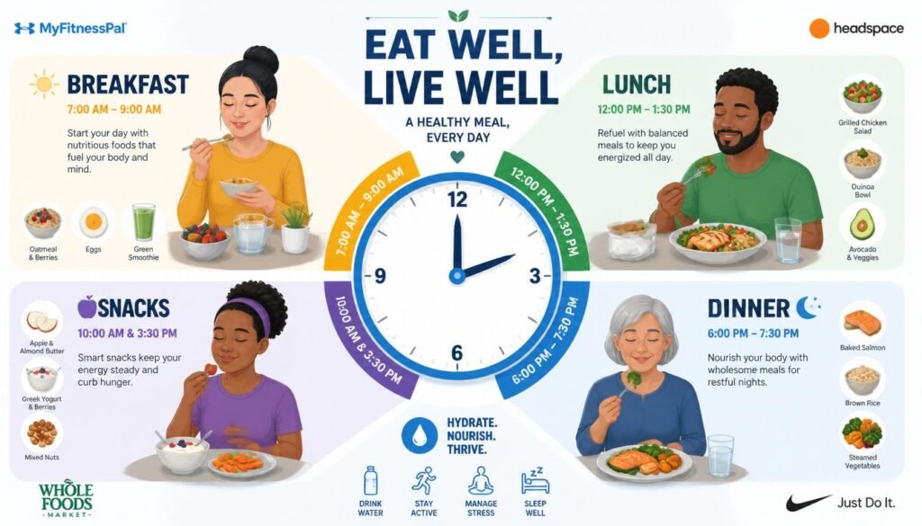 Simple daily meal schedule showing breakfast, lunch, and early dinner for circadian health.