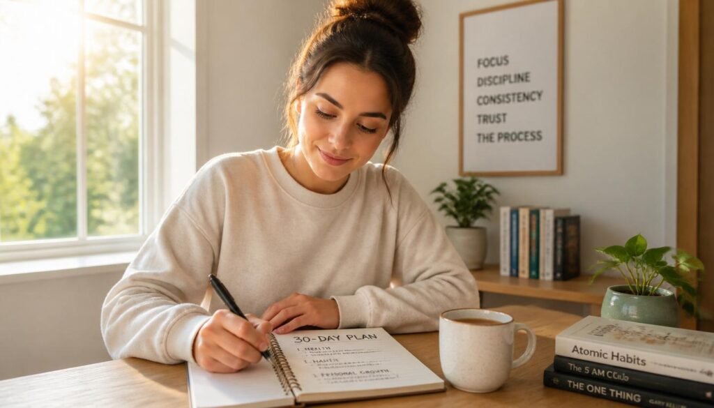 person writing 30-day quiet mind plan in journal for better sleep and lessoverthinking: Howw to stop overthinking at night