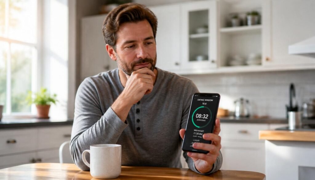 person at kitchen table with coffee looking at phone eating window tracker intermittent fasting story