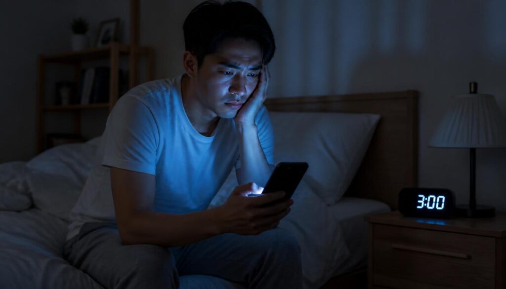 person sitting on edge of bed at night looking tired unable to sleep clock showing 3am cortisol stress hormone