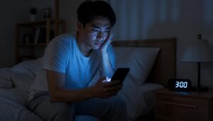 person sitting on edge of bed at night looking tired unable to sleep clock showing 3am cortisol stress hormone