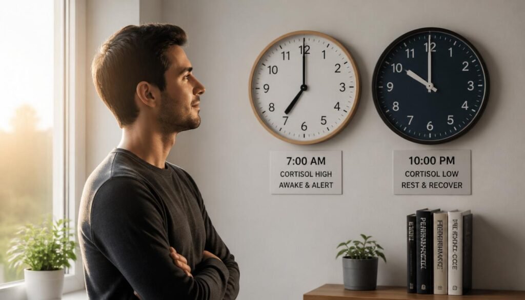 person looking at morning and evening clocks, understanding cortisolrhythm,m not reduction concept