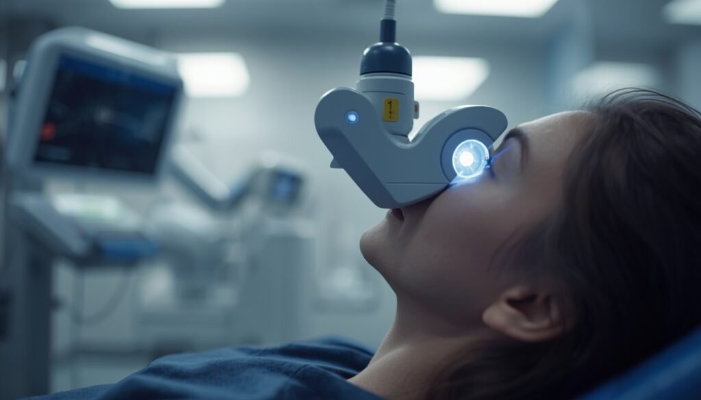 close-up of transcranial magnetic stimulation device near patient's head representing electric medicine and brain stimulation therapy 2026