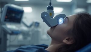 close-up of transcranial magnetic stimulation device near patient's head representing electric medicine and brain stimulation therapy 2026
