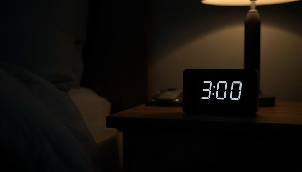 digital clock displaying 3 AM on bedside table in dark bedroom representing early morning waking phenomenon why do I wake up at 3 AM every night