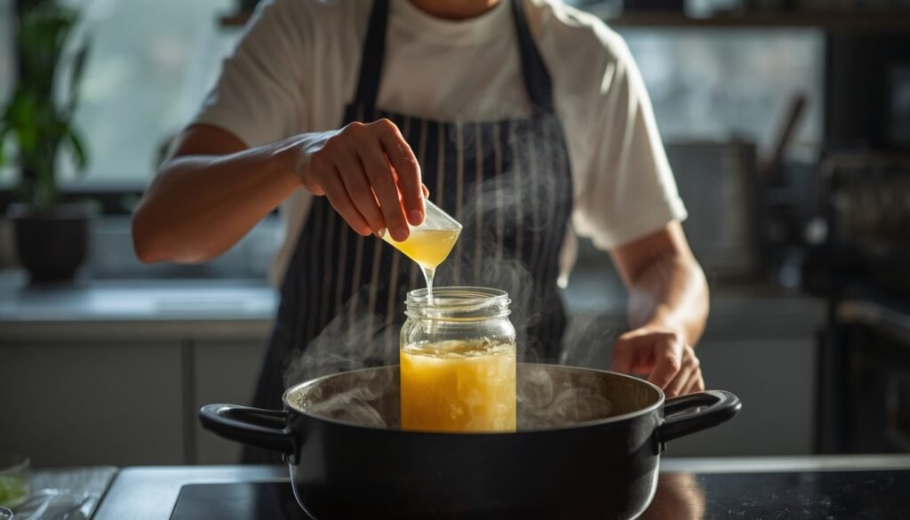 person rendering beef tallow in modern kitchen representing home cooking and traditional fat preparation: beef tallow comeback science