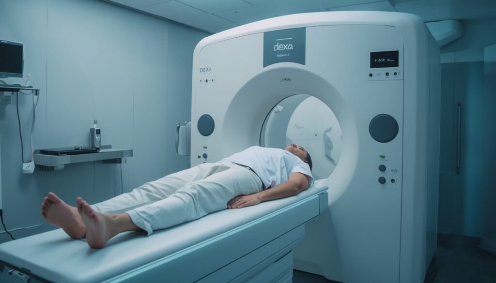 person undergoing DEXA bone density scan in medical setting representing bone health screening