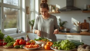 person preparing a colourful nutritious whole food meal in bright modern kitchen, representing natural weight loss through balanced eating and lifestyle
