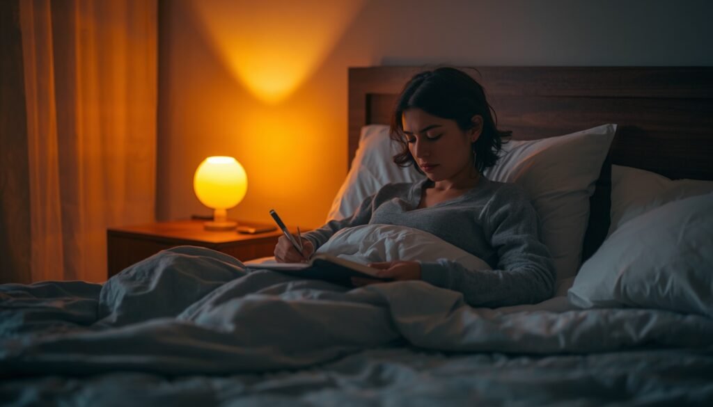 person writing in journal beside warm lamp in a peaceful, calm bedroom, representing healthy sleep-tracking practice