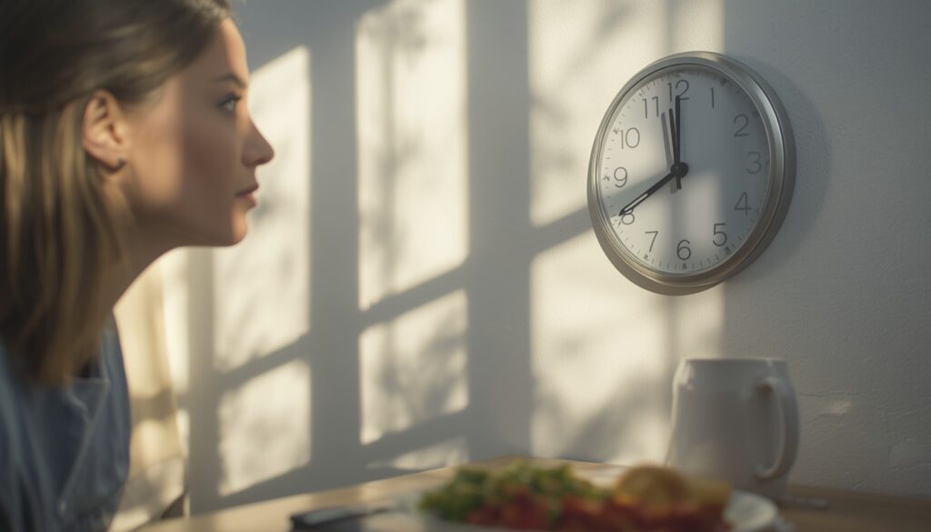 person looking at kitchen clock with healthy breakfast plate morning sunlight, intermittently fasting beginner guide