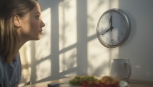 person looking at kitchen clock with healthy breakfast plate morning sunlight, intermittently fasting beginner guide