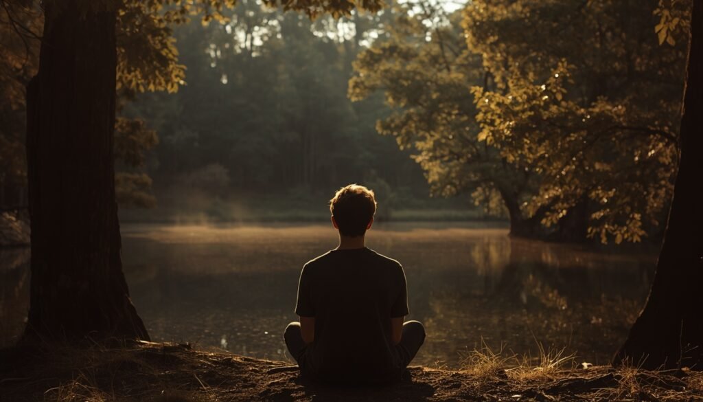 person sitting in serene silence at remote forest retreat, representing quietcation travel trend and hushpitality 2026