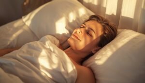 person waking up refreshed in natural morning light, representing finding personal optimal sleep duration