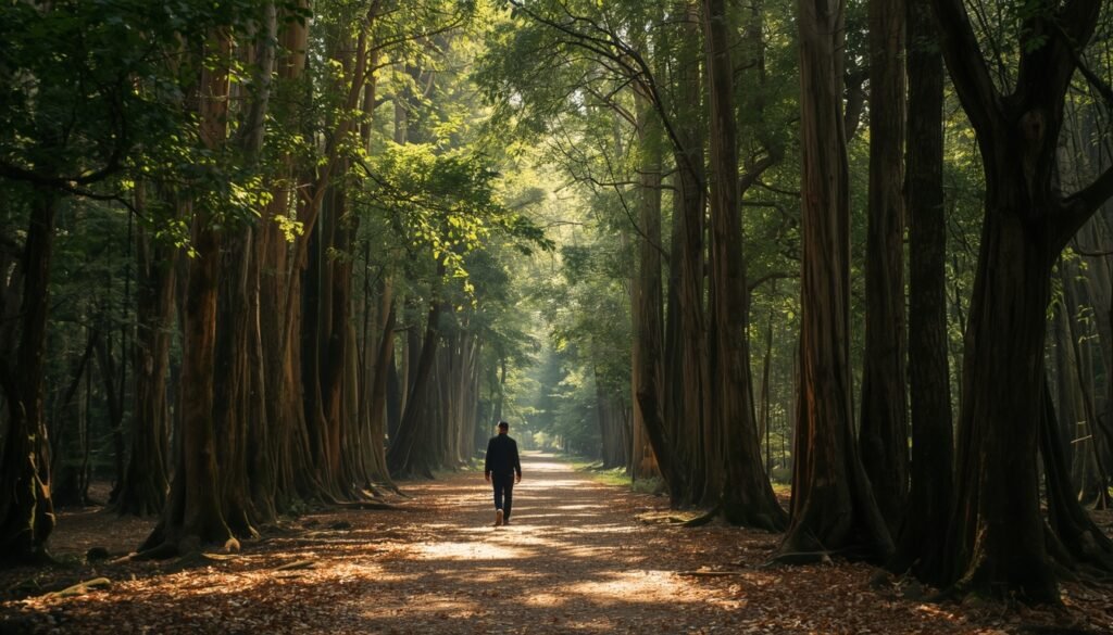person walking slowly through quiet ancient forest representing nature immersion and attention restoration