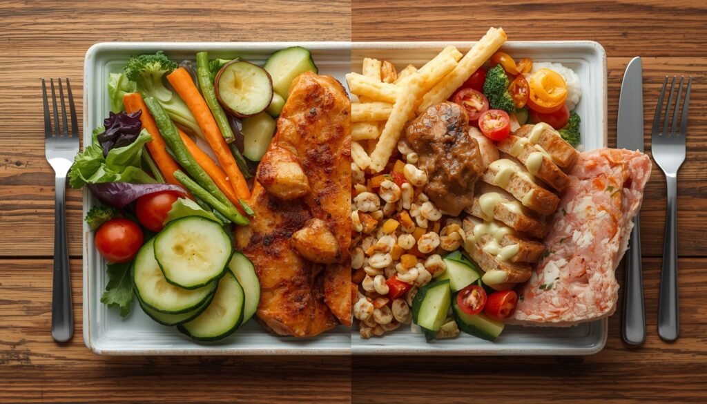 comparison of whole food meal versus ultra-processed meal showing satiety and caloric density differences for natural weight loss