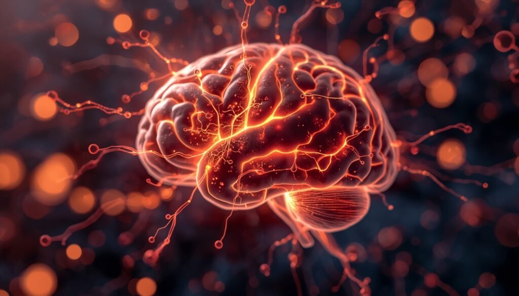 abstract neuroscience illustration showing dopamine reward pathways in brain activated by food consumption