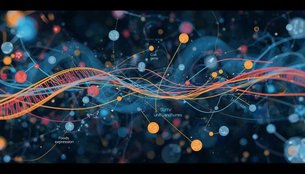 abstract scientific visualization of how food influences gene expression gut microbiome inflammation and cellular repair: food as medicine