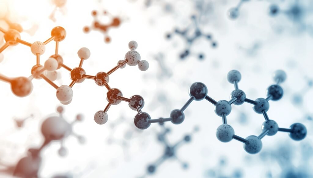 abstract molecular structures of saturated and unsaturated fatty acids representing nutrition science and dietary fat research