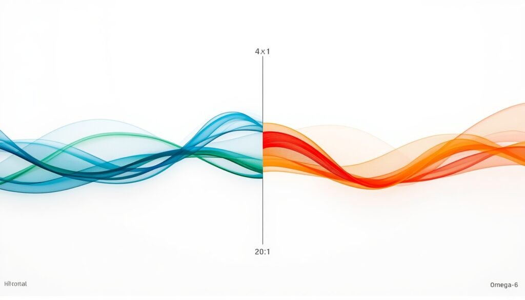 abstract visualization comparing historical 4 to 1 omega-6 to omega-3 ratio versus modern 20 to 1 Western diet ratio