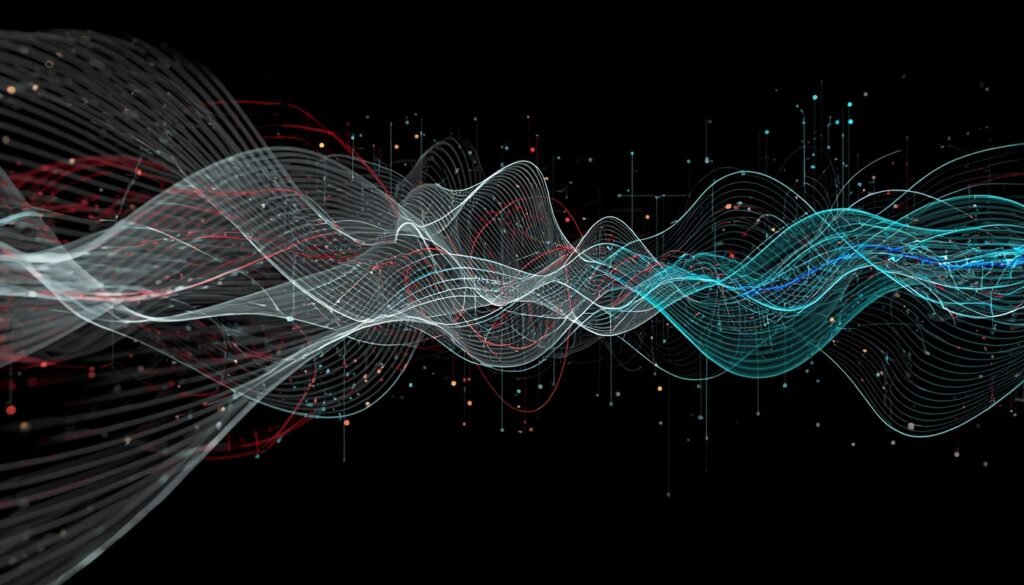 abstract visualization of urban noise pollution and digital overload versus restorative silence