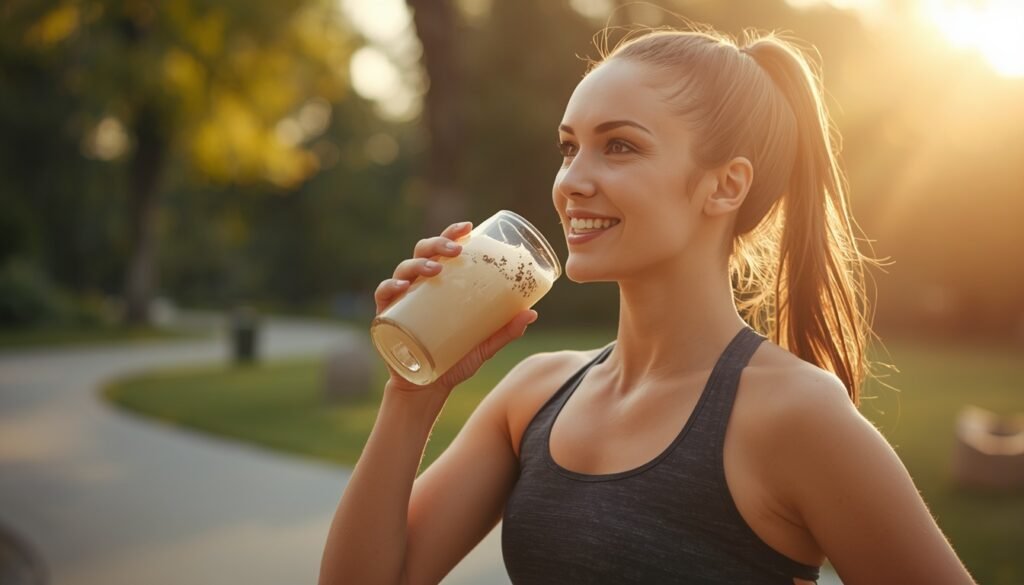 active adult drinking coconut water outdoors after exercise representing natural electrolyte replenishment strategy. Electrolytes, energy, cramps, hydration