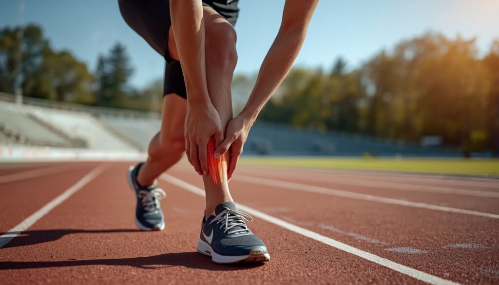 runner holding calf muscle in pain during muscle cramp on the track, illustrating electrolyte imbalance during exercise