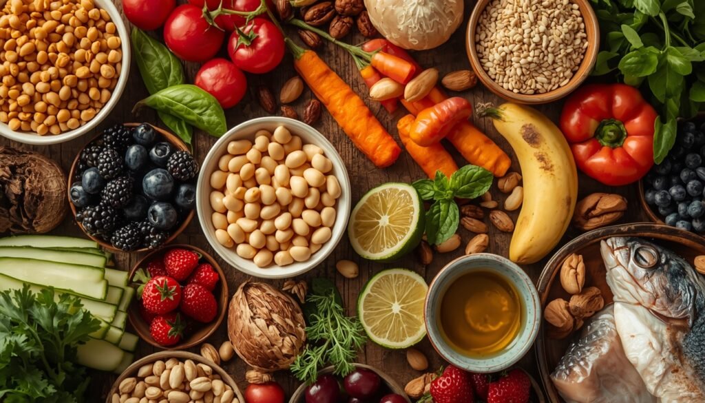 Blue Zone longevity foods including legumes olive oil, vegetables, whole grains, nuts, berries and oily fish