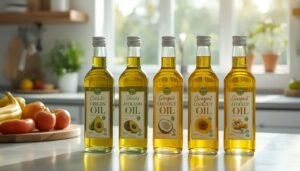 variety of cooking oils including olive oil avocado oil coconut oil sunflower oil and canola oil on kitchen counter for seed oil debate