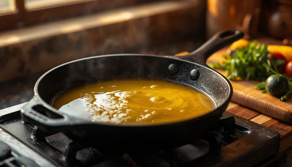 cast iron skillet with melting golden beef tallow in rustic kitchen, representing traditional cooking fat's comeback in modern cooking
