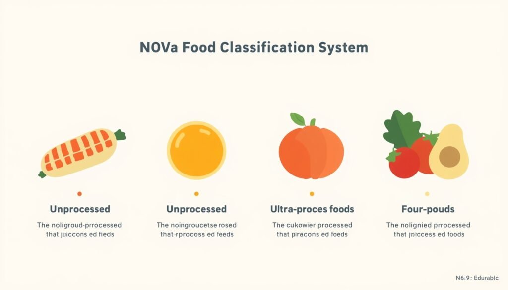 visual illustration of NOVA food classification system's four groups from unprocessed to ultra-processed foodsultra-processed foods brain health, 2026